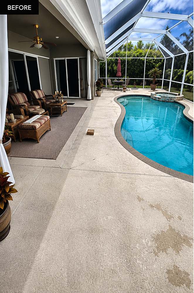 Screened lanai pool deck before, stained and patched concrete